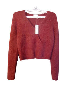 Pink Rose V Neck Cropped Sweater Juniors Large Red Sparkle Long Sleeve Fuzzy